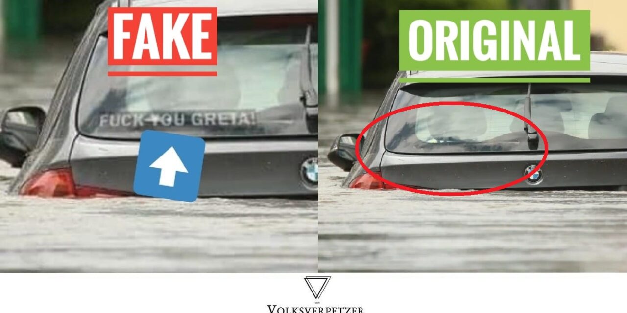 Kamu az interneten keringő fotó az árvízben elsüllyedő „Fuck you Greta” matricás BMW-ről