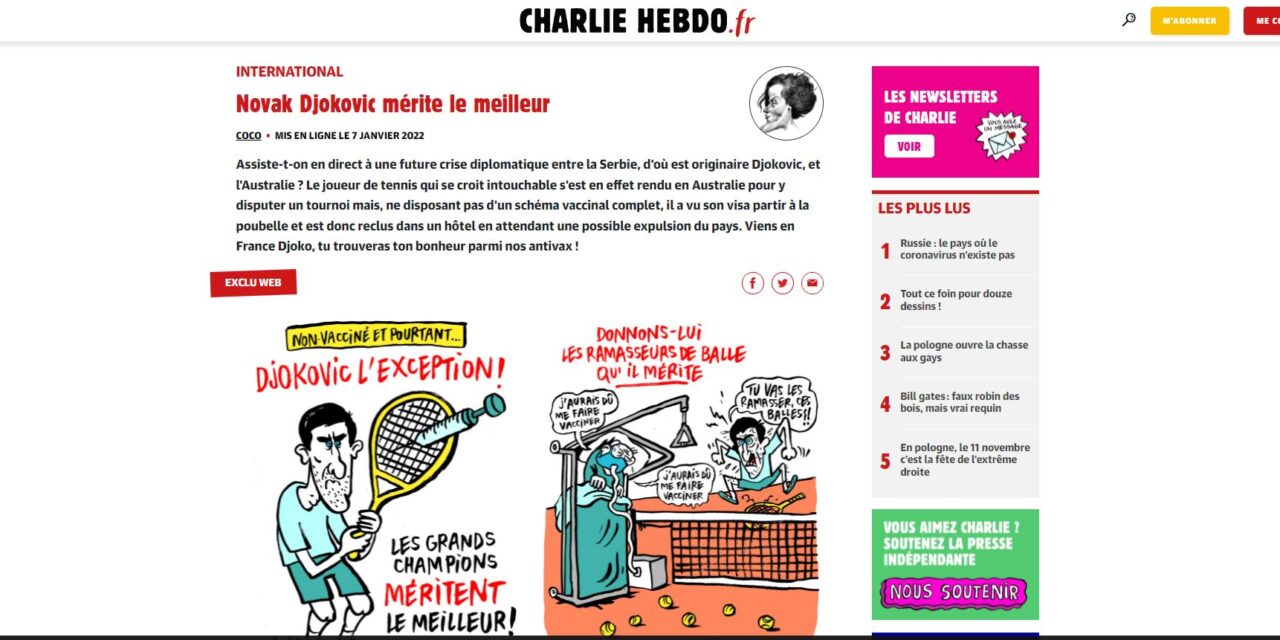 <span class="entry-title-primary">A Charlie Hebdo Novak Đokovićot kifigurázó karikatúrasorozatot jelentetett meg</span> <span class="entry-subtitle">A francia szatírikus lap a karikatúrákat "Novak a legjobbat érdemli" címmel publikálta. </span>
