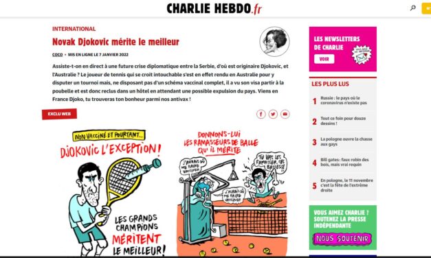 A Charlie Hebdo Novak Đokovićot kifigurázó karikatúrasorozatot jelentetett meg