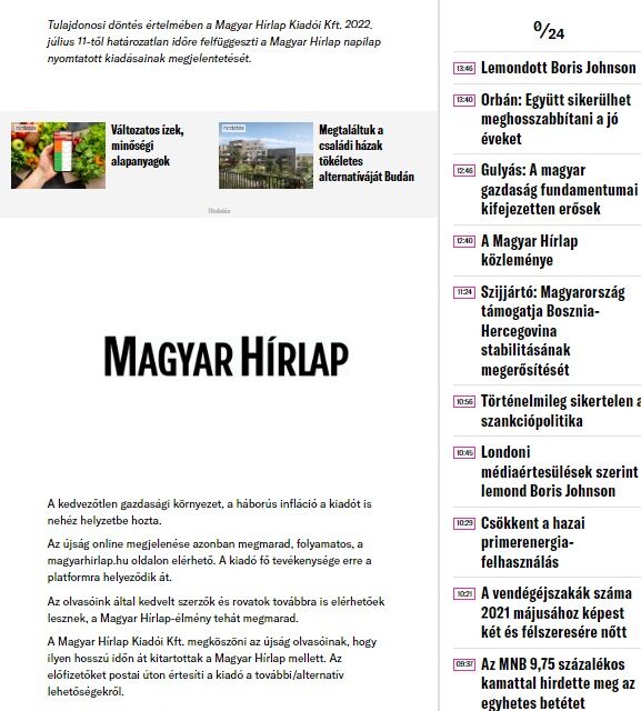 Hétfőtől felfüggesztik a Magyar Hírlap megjelentetését