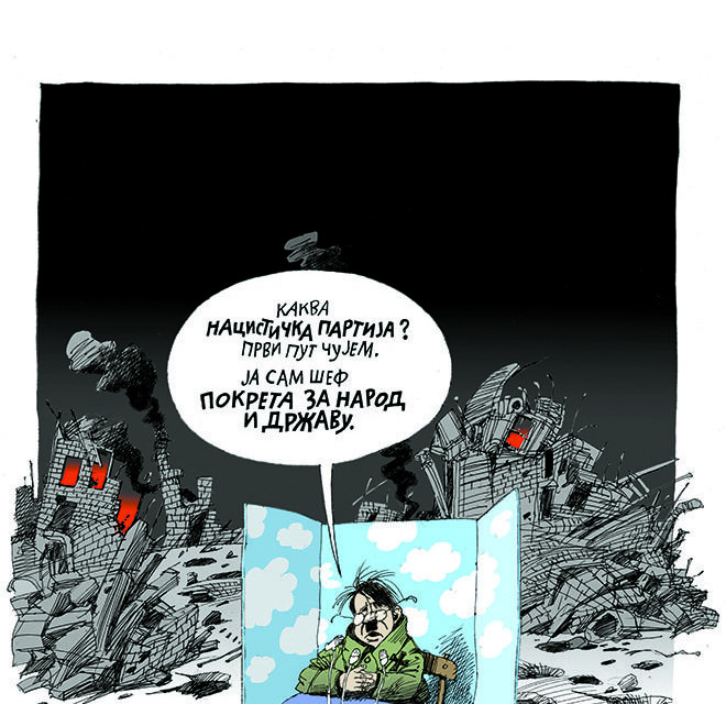 Felborzolta a kedélyeket a NIN közéleti hetilap aktuális számában Aleksandar Vučićot Adolf Hitlerhez hasonlító karikatúra