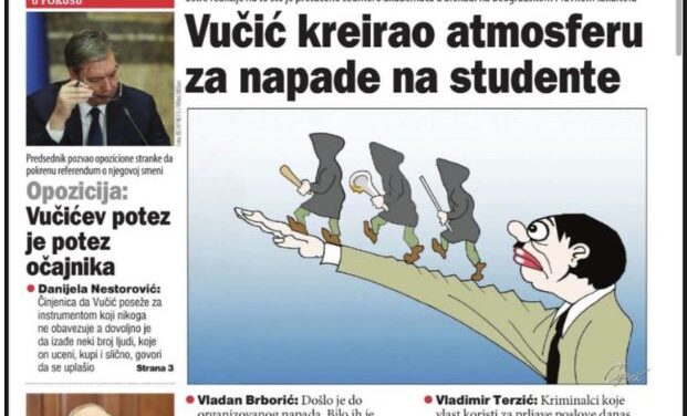 A DANAS NAPILAP VUČIĆET HITLERKÉNT ÁBRÁZOLÓ KARIKATÚRÁT TETT KÖZZÉ A CÍMOLDALÁN