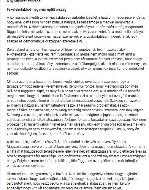 50 MAGYARORSZÁGI SZERVEZET ÉS MÉDIUM TILTAKOZIK A FIDESZ AUTORITER JEGYZÉKTÖRVÉNYE ELLEN